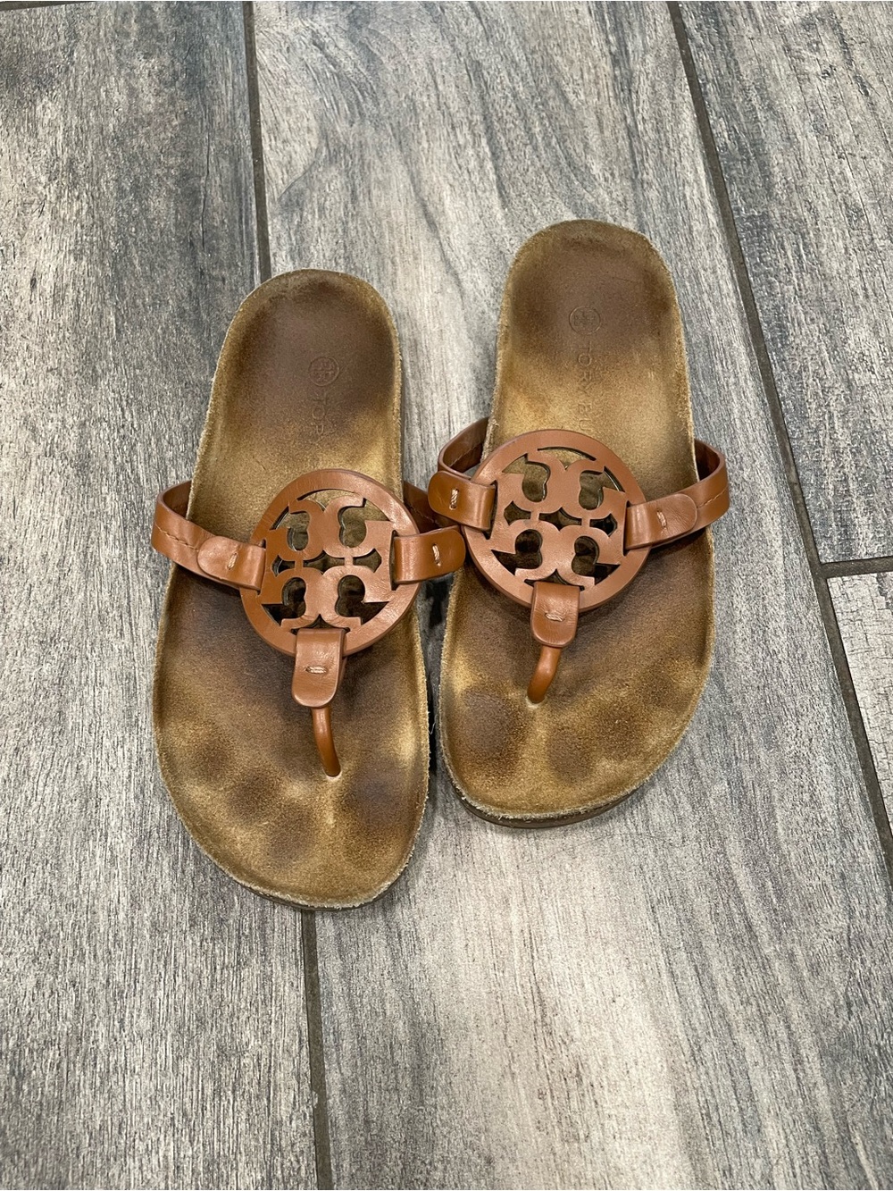 Tory Burch Cognac Leather Logo Thong Sandals